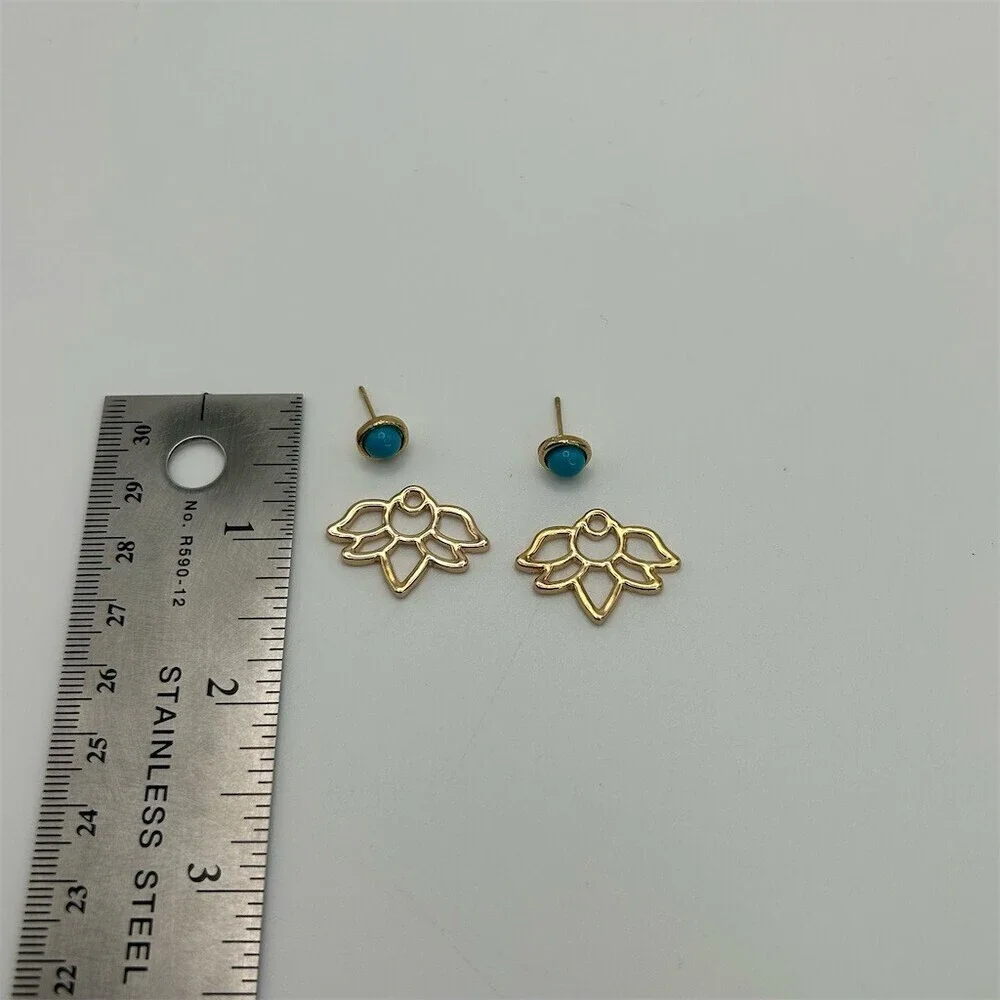 Gold Tone Lotus Flower Ear Jacket Pierced Stud Earrings Turquoise Blue Color